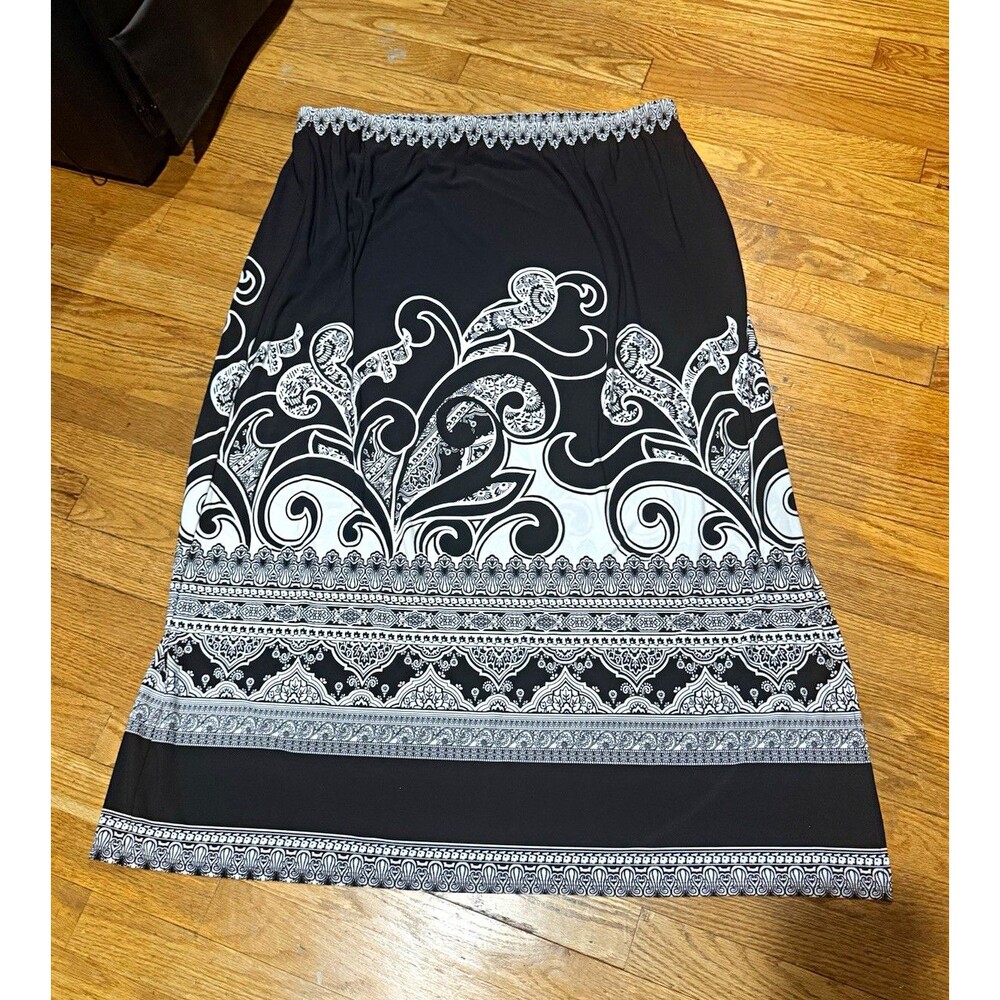 Susan Graver 2X Black/White/Gray Paisley Pull-On Elastic Waist A-Line Midi Skirt